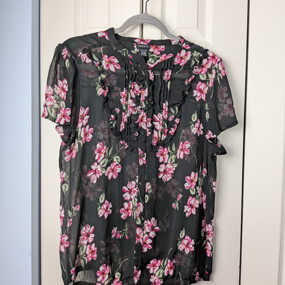 Chic Black Floral Blouse with Pink Accents